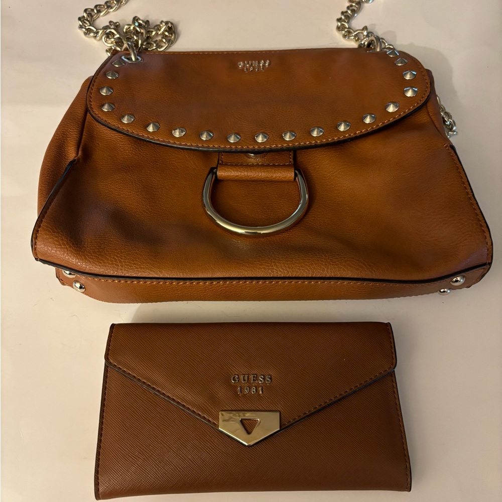 Guess Brown Studded Women's Crossbody Bag and Wallet Set